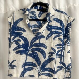 Tahari Linen Top with Blue and White Leaf Print